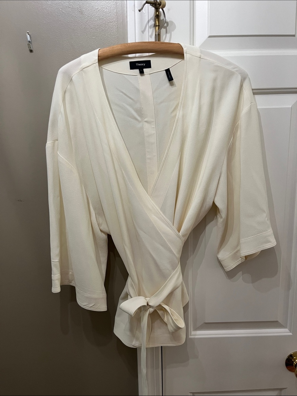 Theory Cream Wrap Blouse with Tie-Front